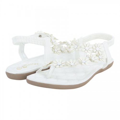 Estatos Faux Leather Flower Decorated Toe Strap Elastic Closure Padded Sole White Flat Sandals for Women